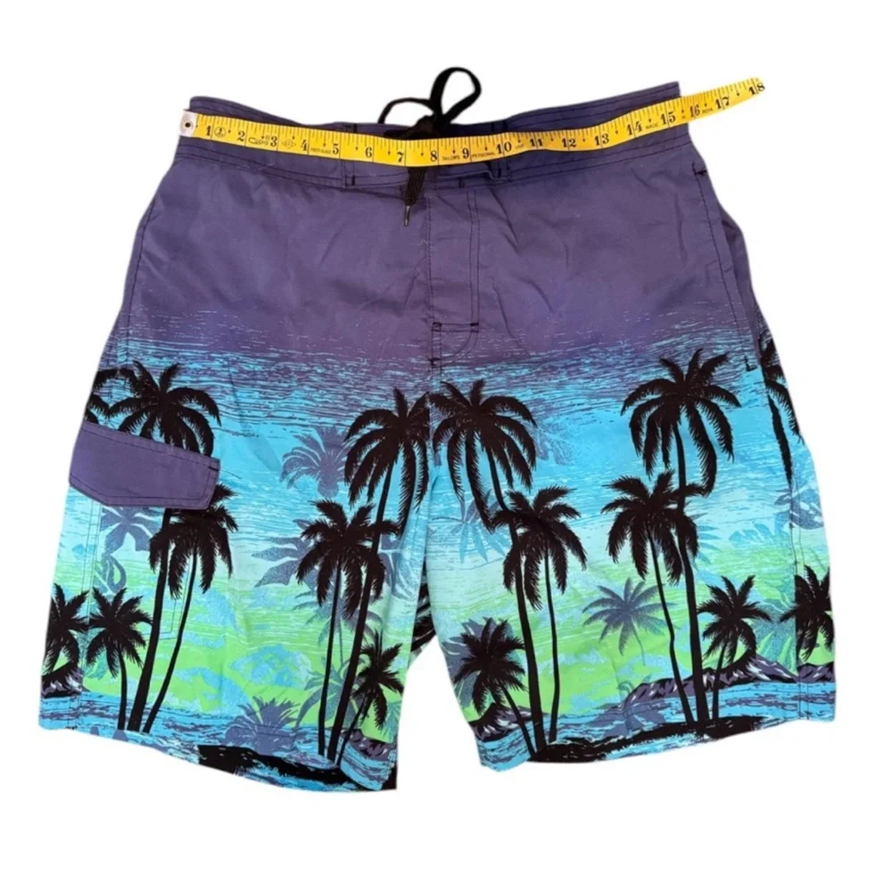 Men's Tropical Palm Print Swim Shorts - Blue/Green